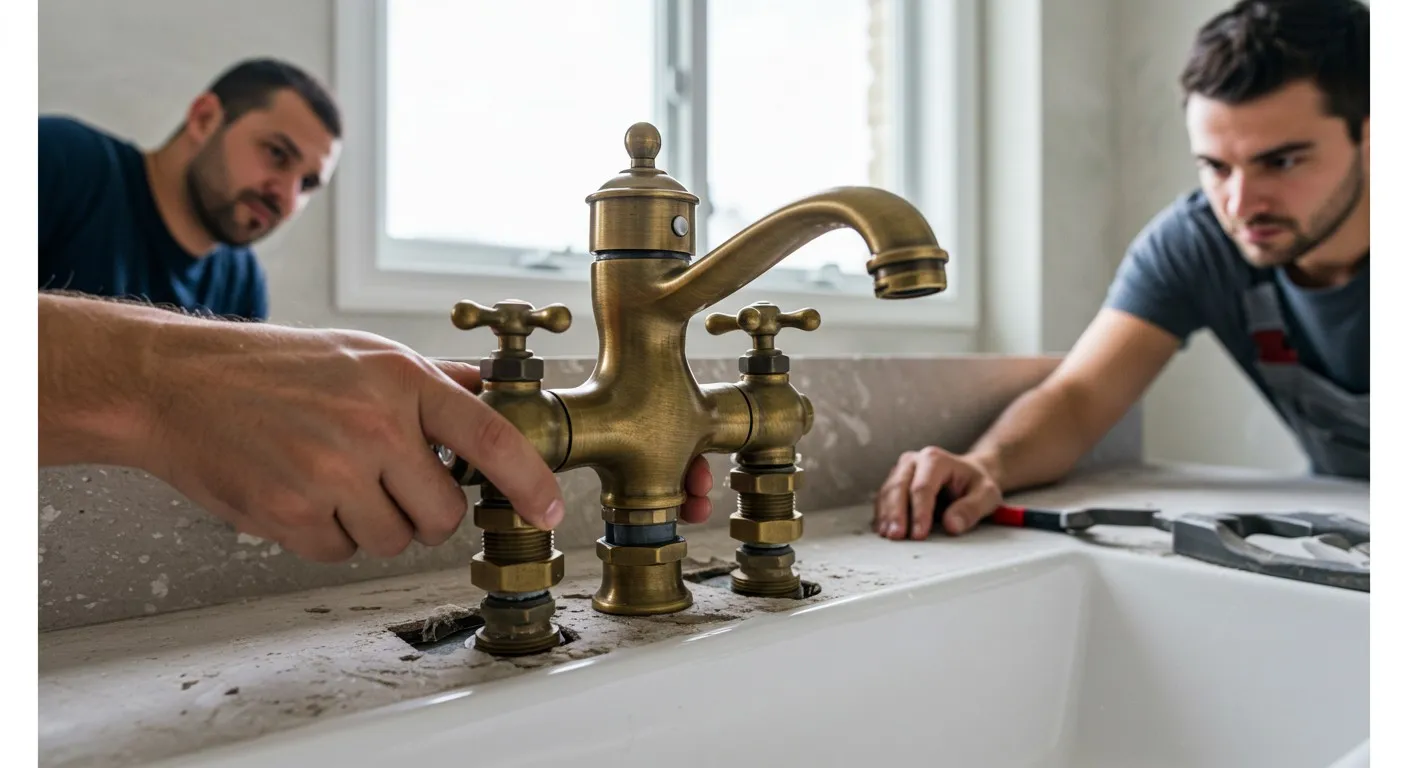 Two men installing a brass faucet.