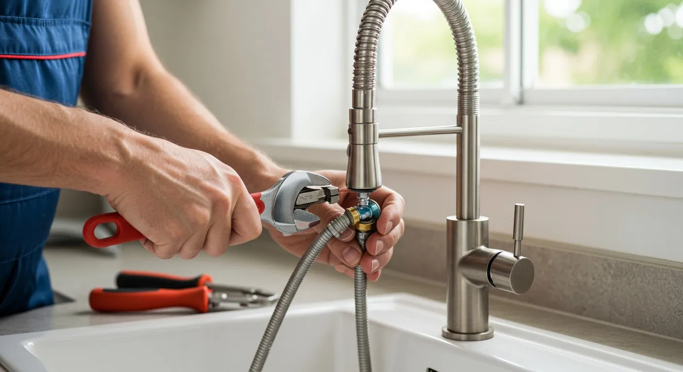 A plumber installing a kitchen faucet.