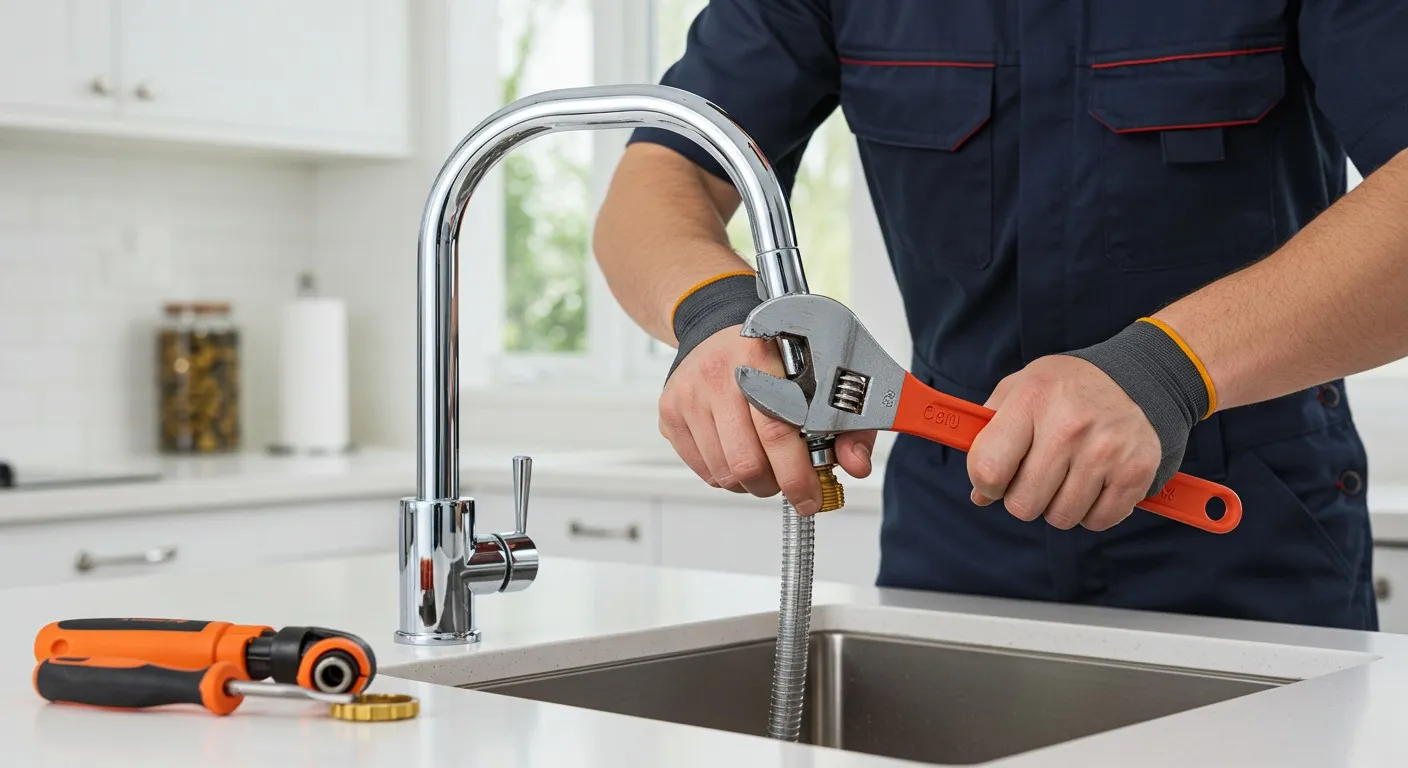 A plumber installing a kitchen faucet.