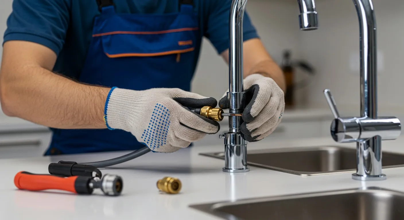 A plumber installing a kitchen faucet.