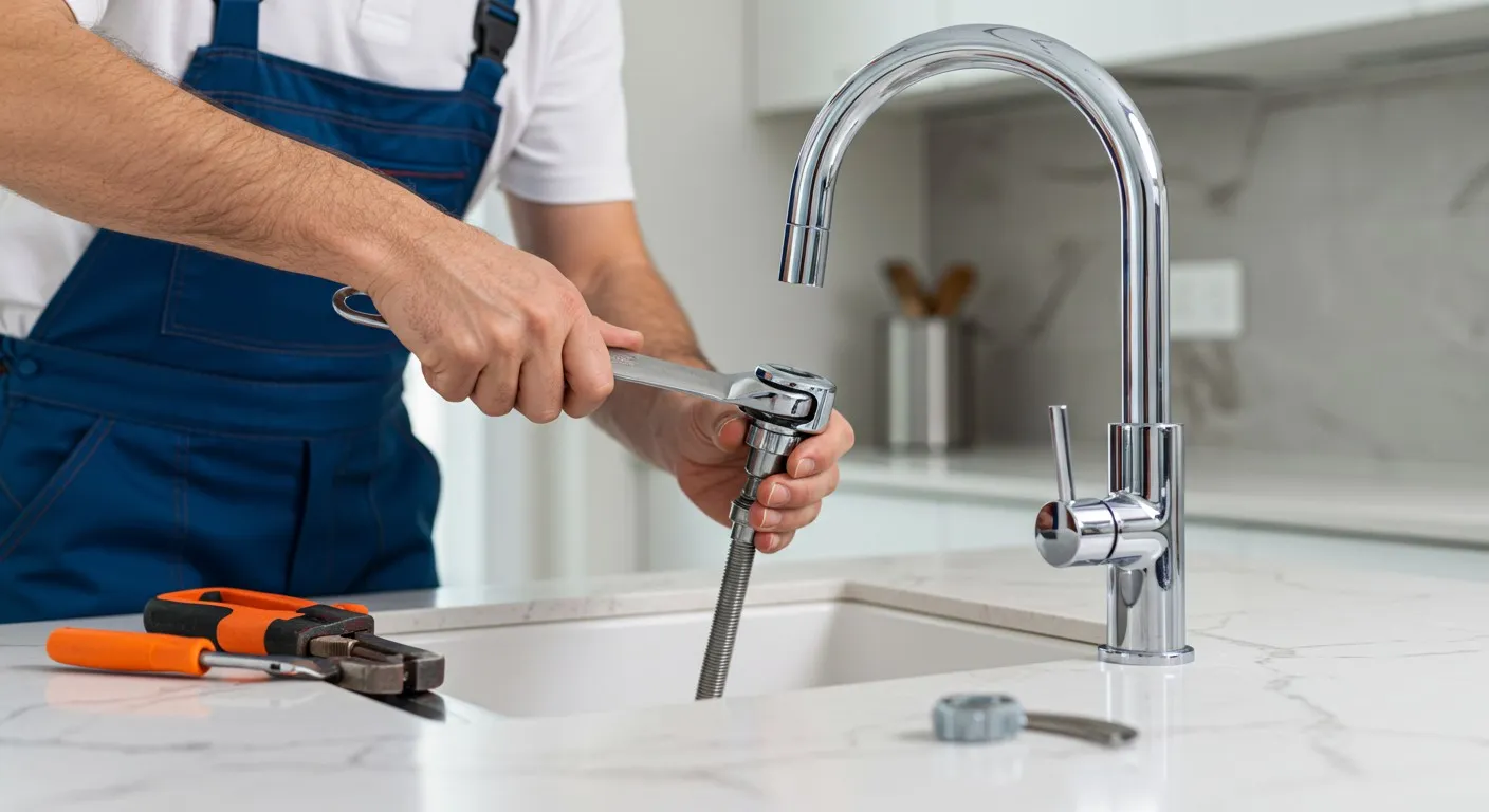 A plumber installing a kitchen faucet.