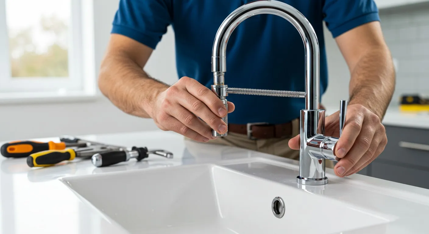 A plumber installing a kitchen faucet.