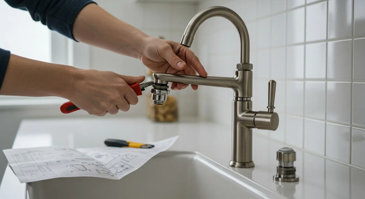 A person installing a kitchen faucet.