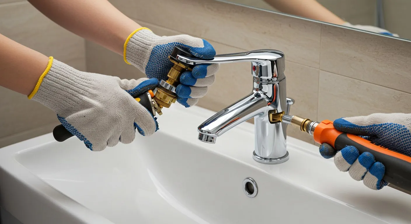 A person installing a bathroom faucet.