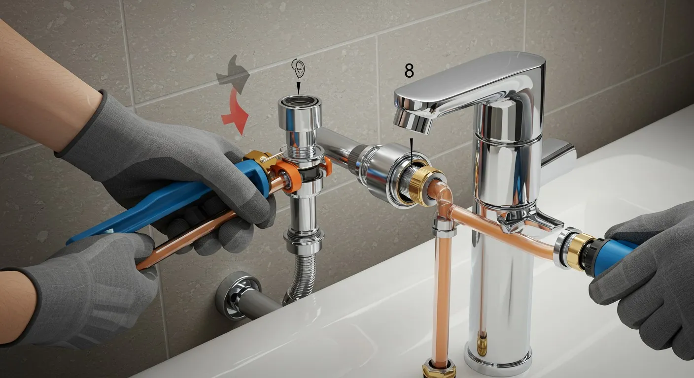 A person installing bathroom sink plumbing.