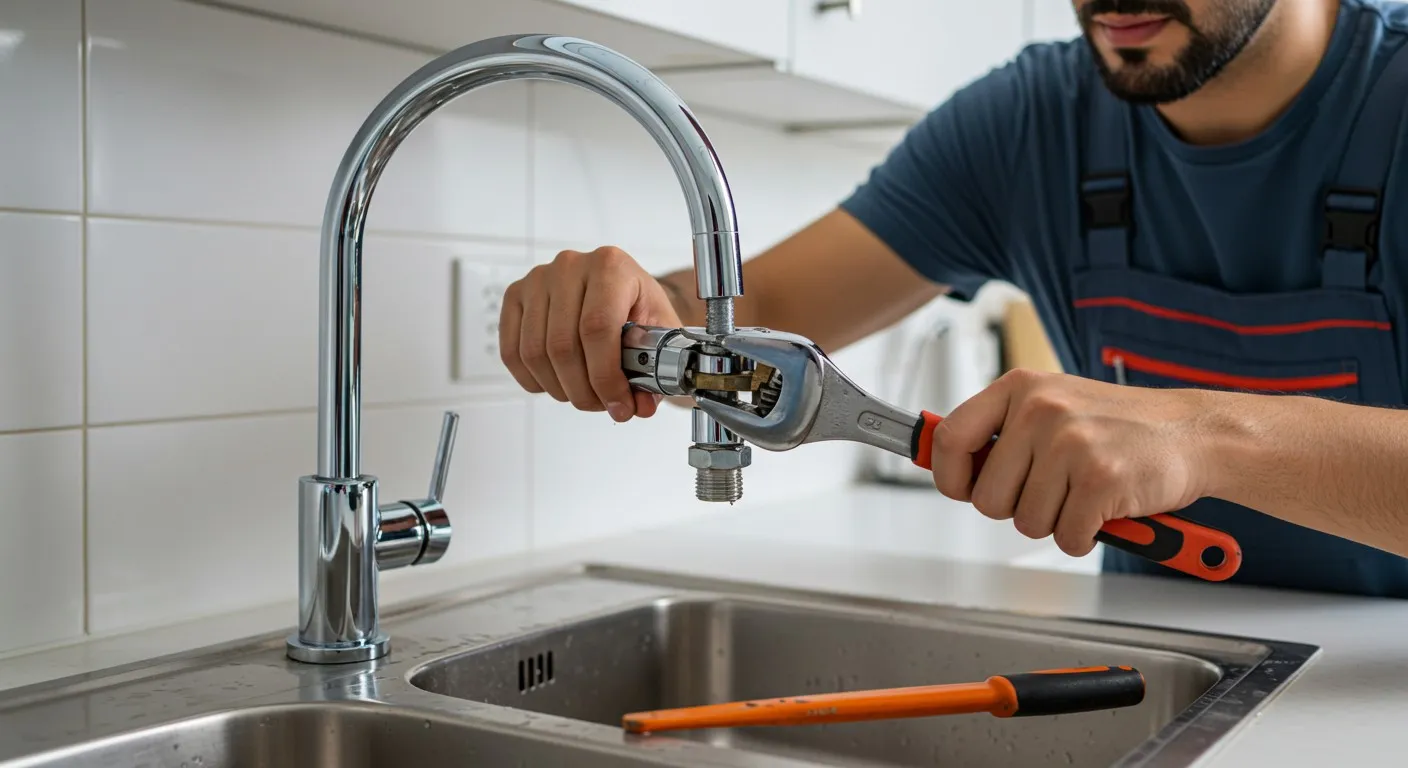 A person installing a kitchen faucet.