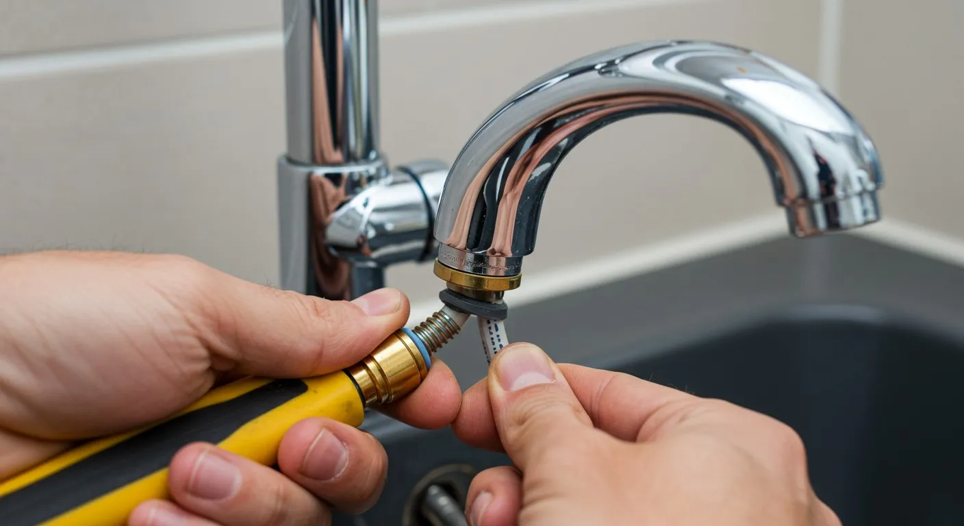 A person installing a kitchen faucet.
