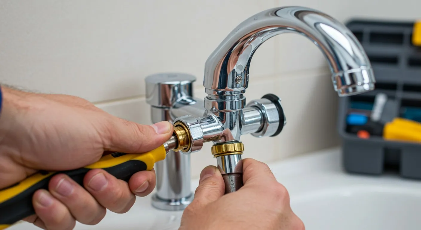 A person installing a bathroom faucet.