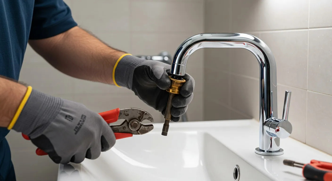 A person installing a bathroom faucet.
