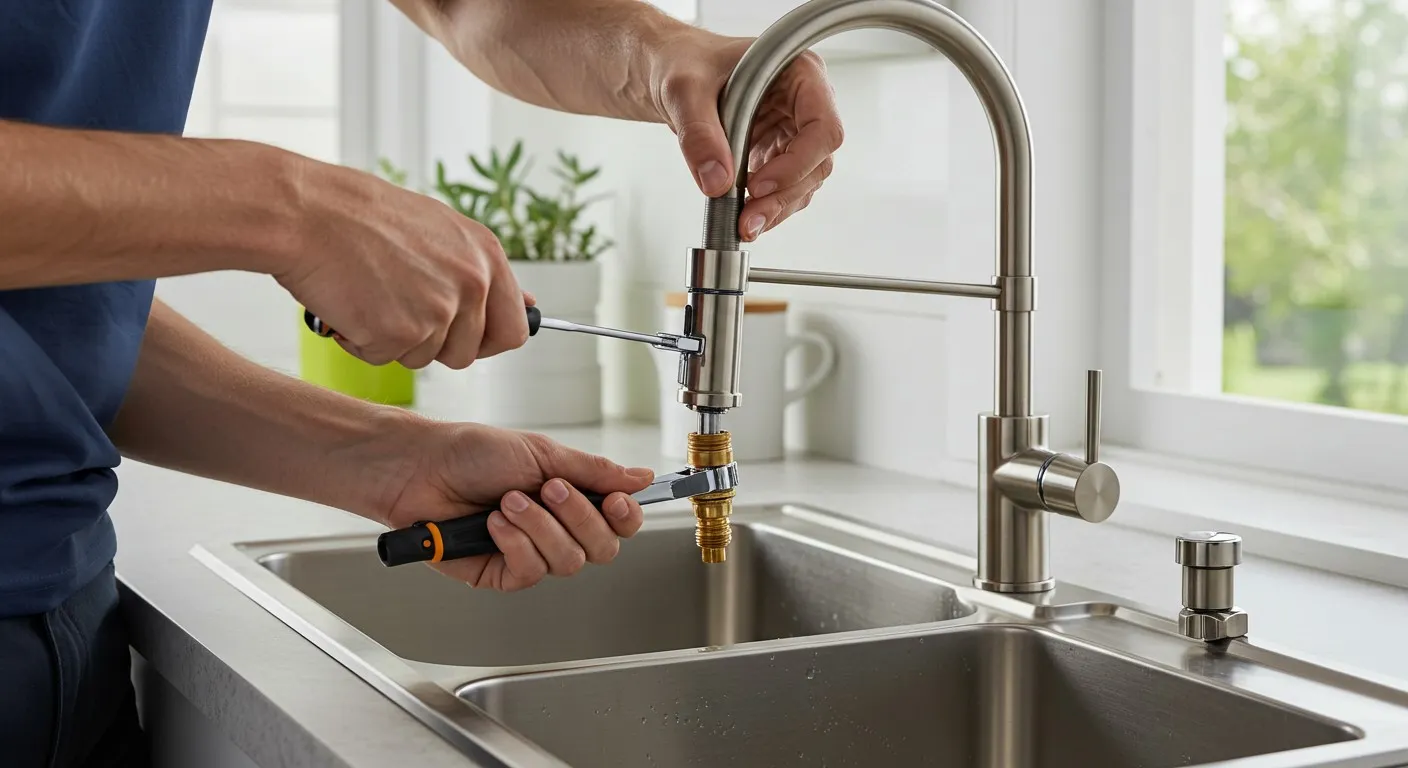 A person installing a kitchen faucet.