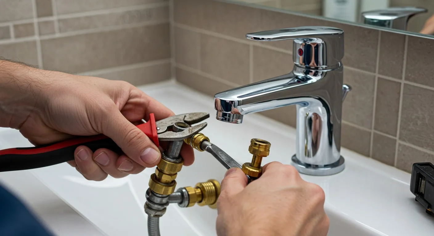 A person installing a bathroom faucet.