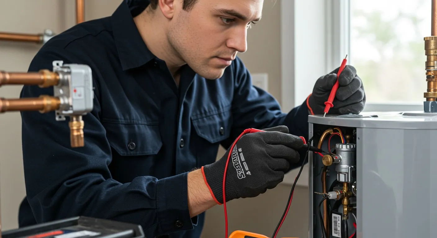 A plumber testing a water heater.