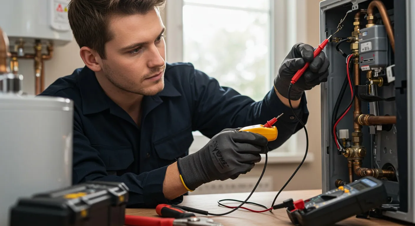A technician servicing a water heater.