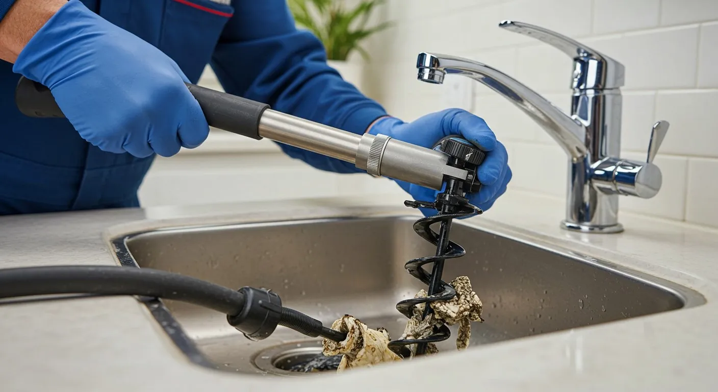 A plumber clearing a clogged sink.
