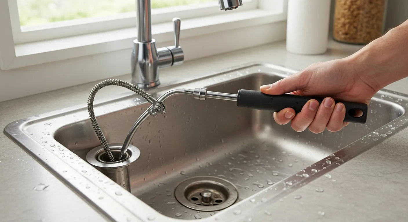 Drain snake being used on kitchen sink.