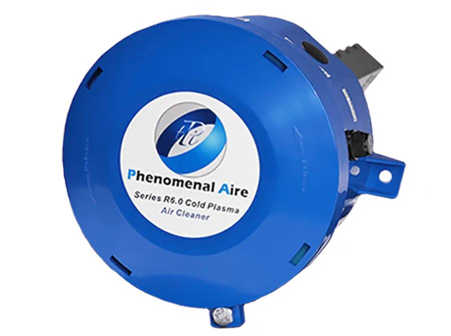 A blue, cylindrical air cleaning device, labeled "Phenomenal Aire Series R6.0 Cold Plasma Air Cleaner," is shown on a white background