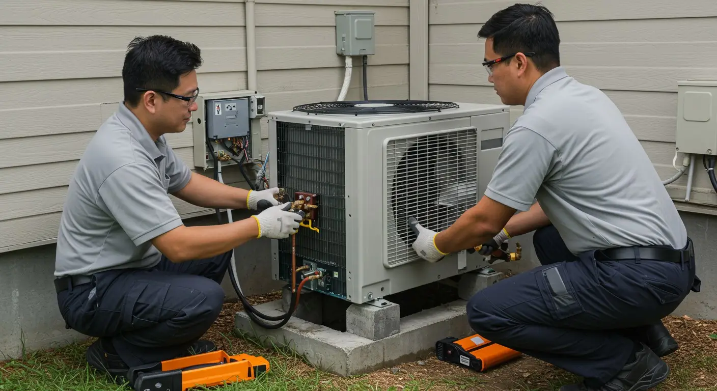 Two technicians installing an outdoor AC unit.