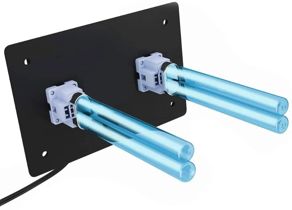 An image of a UV air purifier shows two blue, glowing tubes extending from a black rectangular base, designed to be installed in a duct