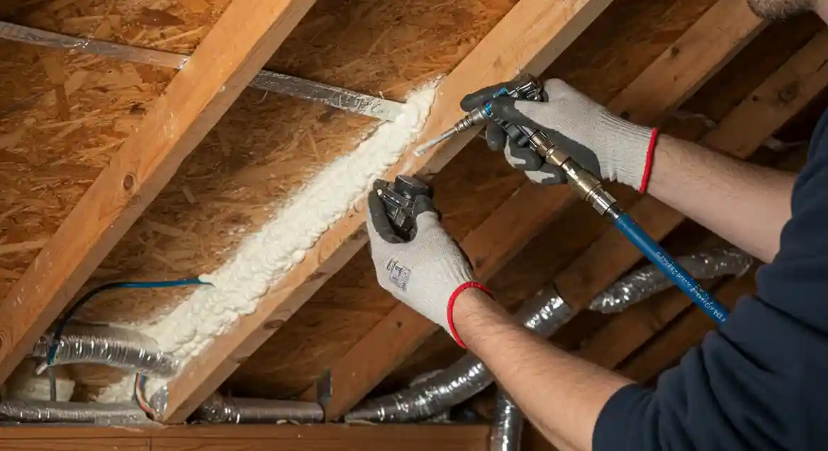 Close-up of a worker sealing a crevice in the wooden floorboards of an attic with a white spray foam gun.