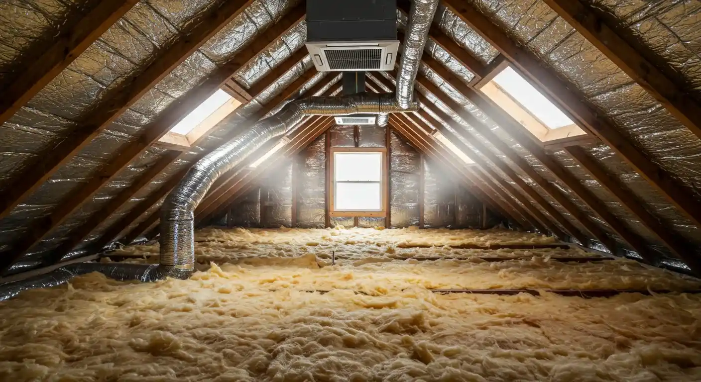 Wide-angle view of a bright attic with fluffy yellow insulation on the floor, illuminated by a central window and two skylights.