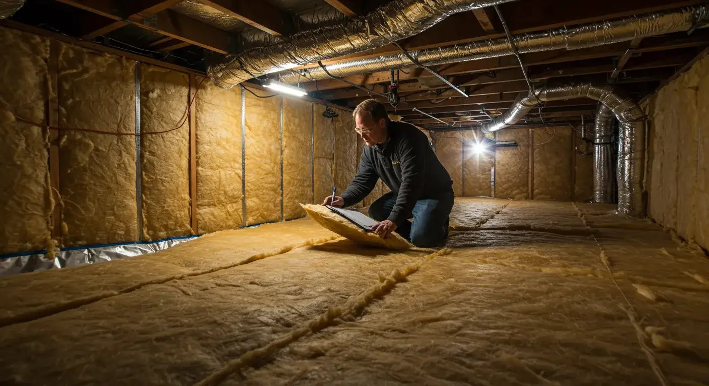 A male inspector in a crawl space kneels on insulated flooring, holding a clipboard and pen to take notes.
