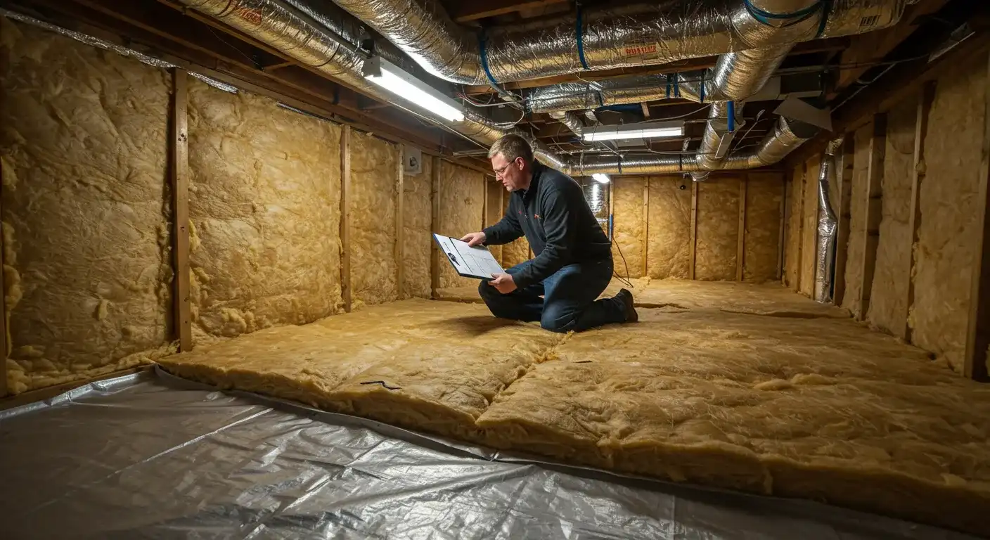 A home inspector in a crawl space or attic takes notes on a clipboard while kneeling on insulation.