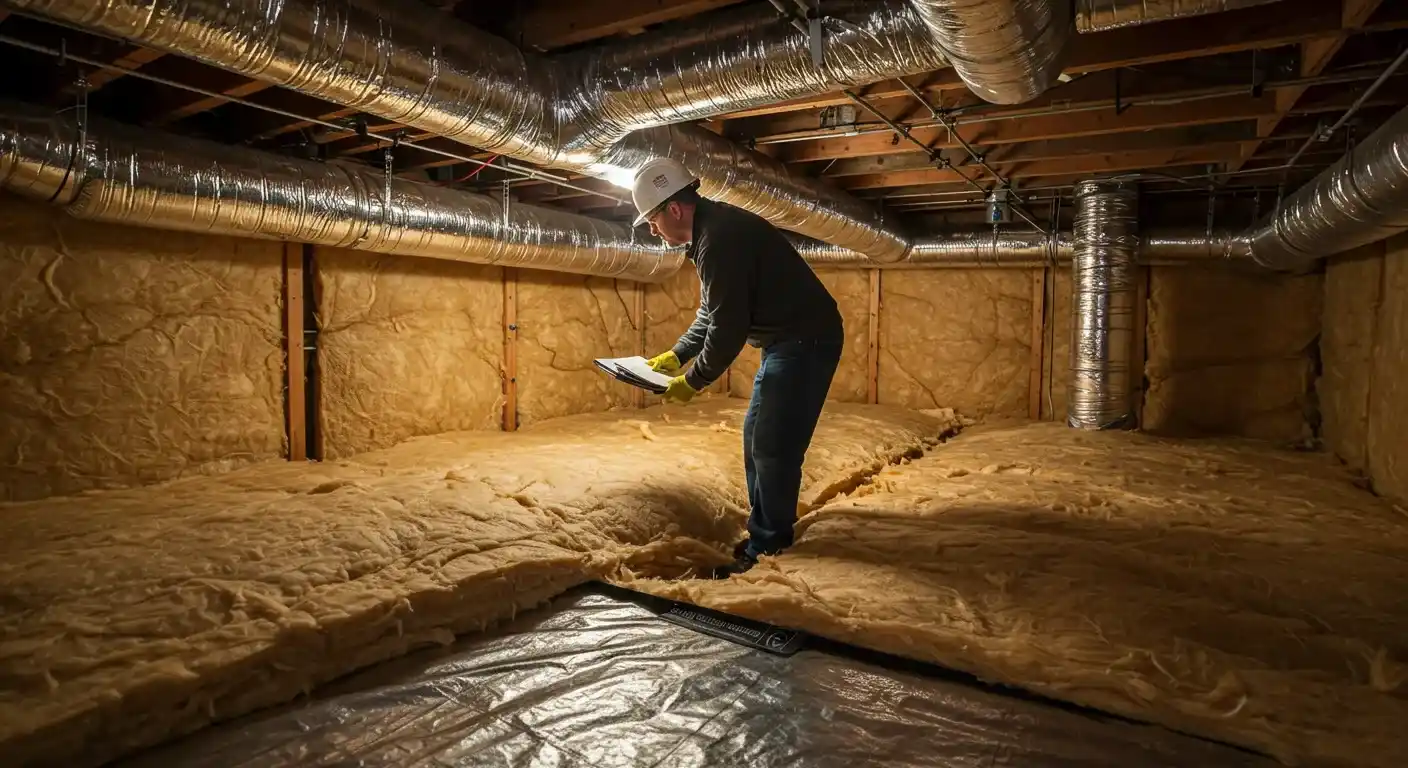 A home inspector in a hard hat stands in a crawl space, examining the insulated walls and floor.