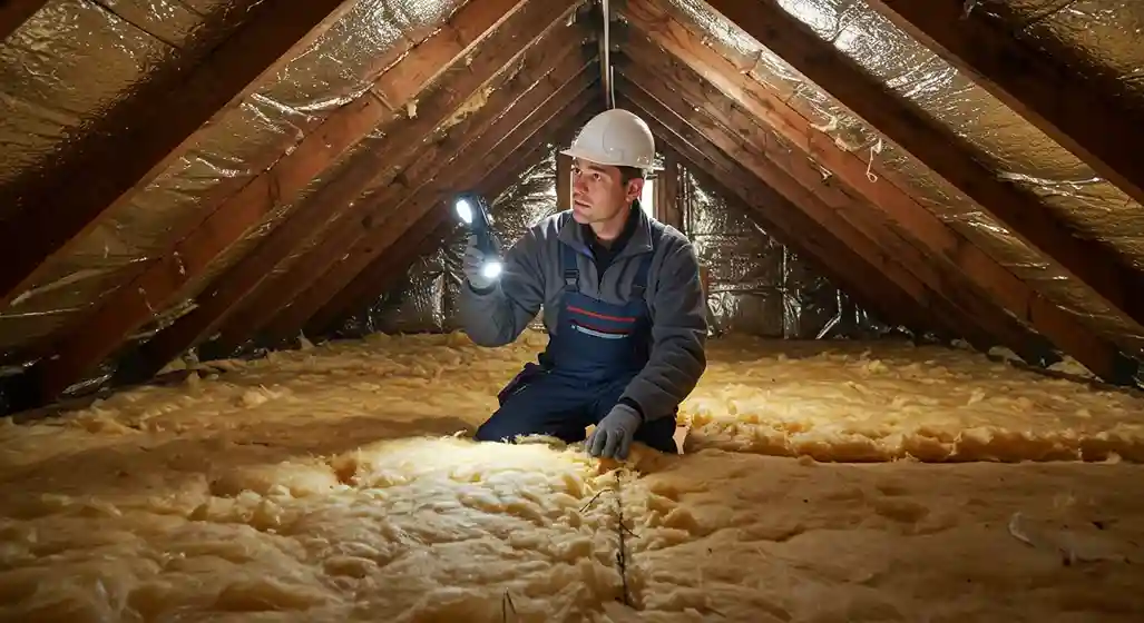 An inspector in a hard hat kneels on thick insulation in a dark attic, shining a flashlight on a wooden rafter.