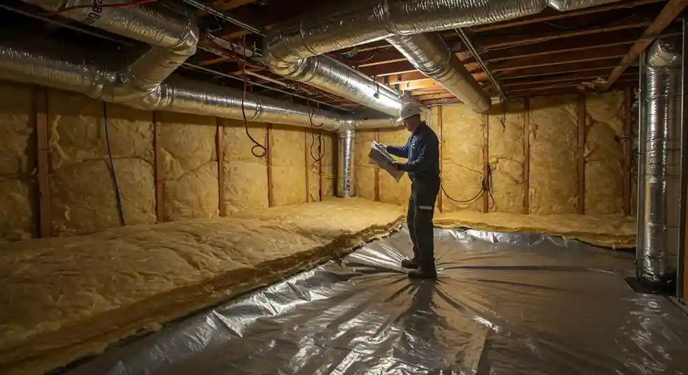 A home inspector in a hard hat stands in a wide crawl space with insulated walls, reviewing a blueprint or checklist.