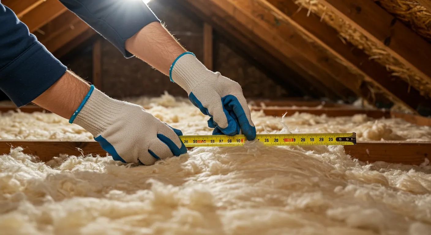 Close-up of a worker's hands using a tape measure to check the thickness of the yellow fibrous attic insulation.