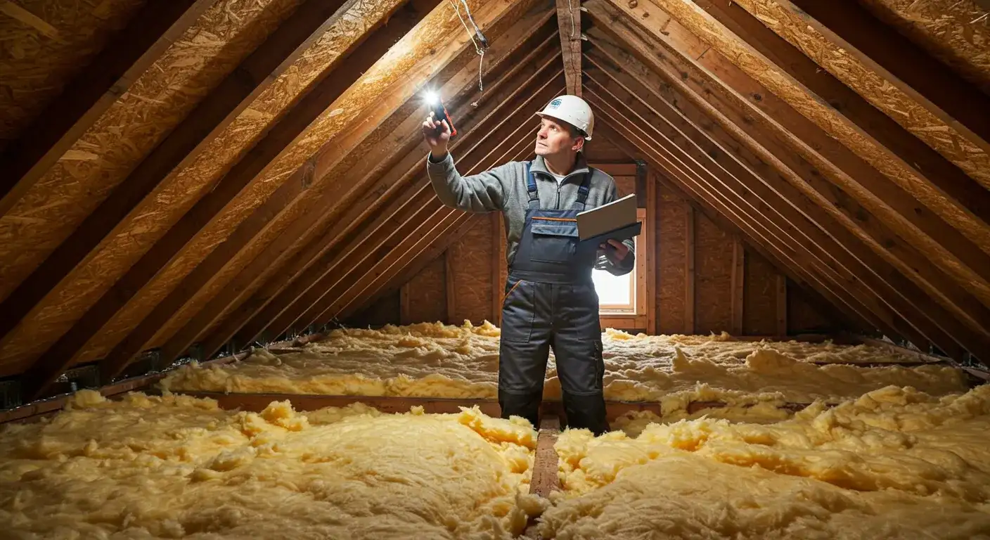 A home inspector in a hard hat stands in a brightly lit attic with a clipboard and flashlight, looking at the ceiling rafters.