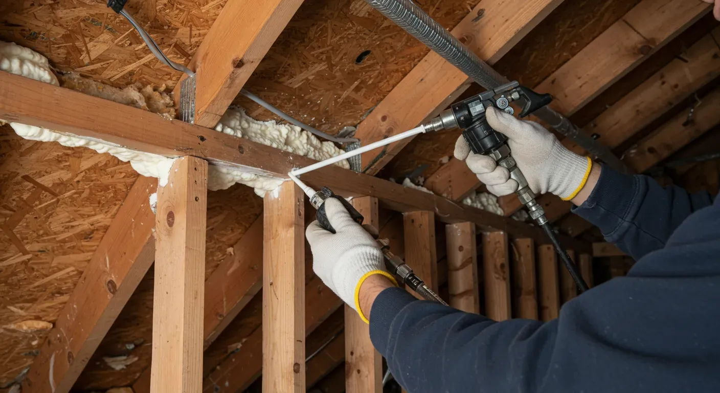 A close-up of a worker's gloved hands using a spray foam gun to fill gaps where a wooden beam meets the ceiling of an attic.