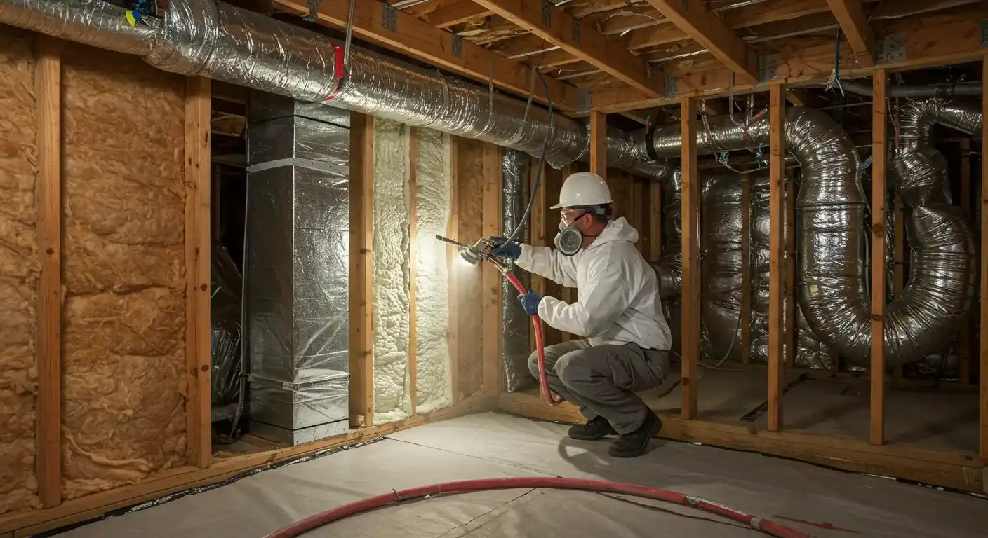 A contractor in a hazmat suit and hard hat uses a spray foam gun to seal a gap in the crawl space insulation. The walls are covered in yellow fiberglass and white foam.
