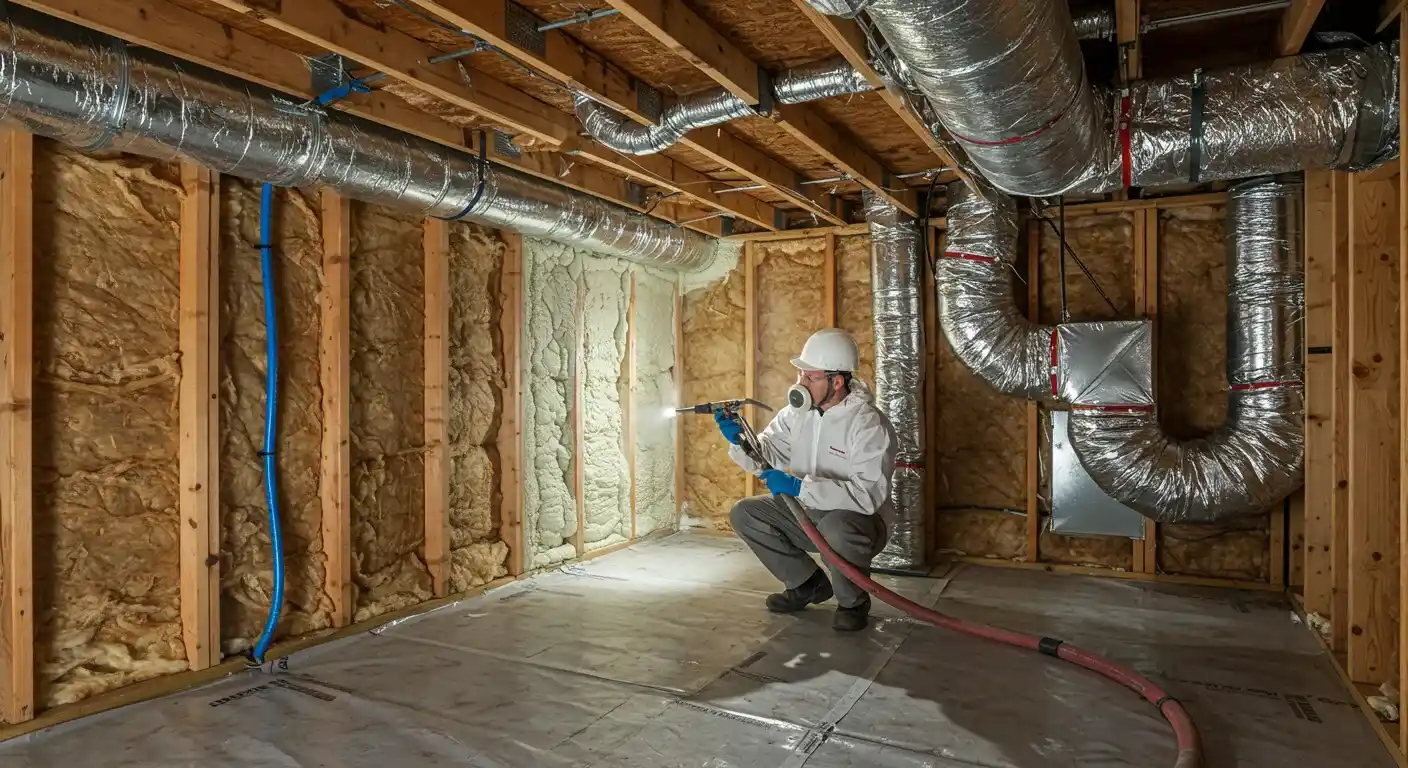 A contractor in protective gear and a hard hat sprays white spray foam on the wall insulation in a bright crawl space. A red hose trails behind him on the floor liner.