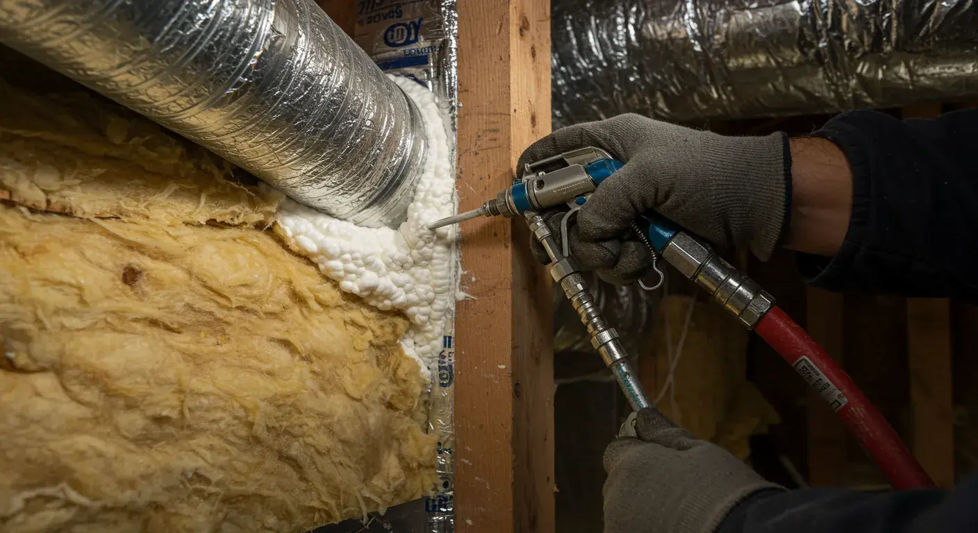 A close-up shot of a contractor wearing grey gloves, using a spray foam gun to seal a gap between a large silver duct and a wooden frame. White spray foam expands to fill the void.