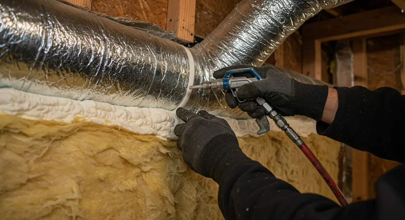 A close-up of a contractor’s gloved hands applying spray foam to seal a joint where a large silver duct meets an insulated wall, ensuring a tight seal.