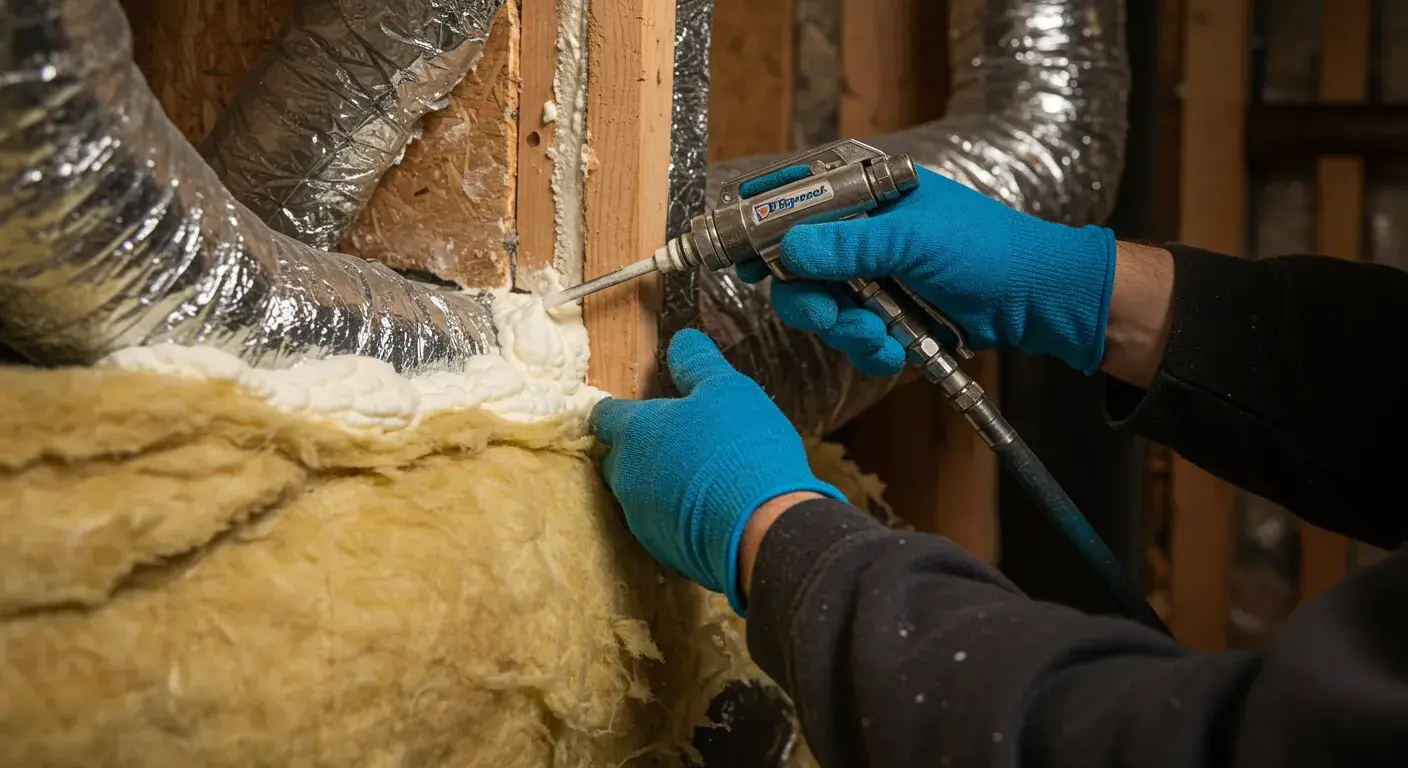 A contractor in dark gloves applies spray foam sealant to a gap between a large silver duct and a wooden beam. The foam expands to fill the space for insulation.