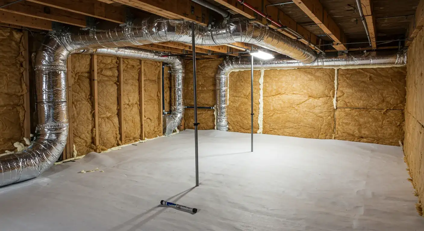 A clean, newly insulated crawl space featuring a white floor liner and insulated walls. Large silver ductwork is visible, and the space is lit by a temporary light.