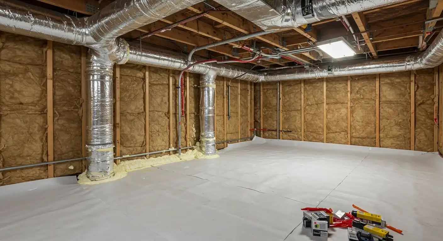 A newly insulated crawl space is shown with a white vapor barrier on the floor and yellow fiberglass insulation in the walls. Large, silver ductwork runs overhead, and a small pile of tools is on the floor in the foreground.