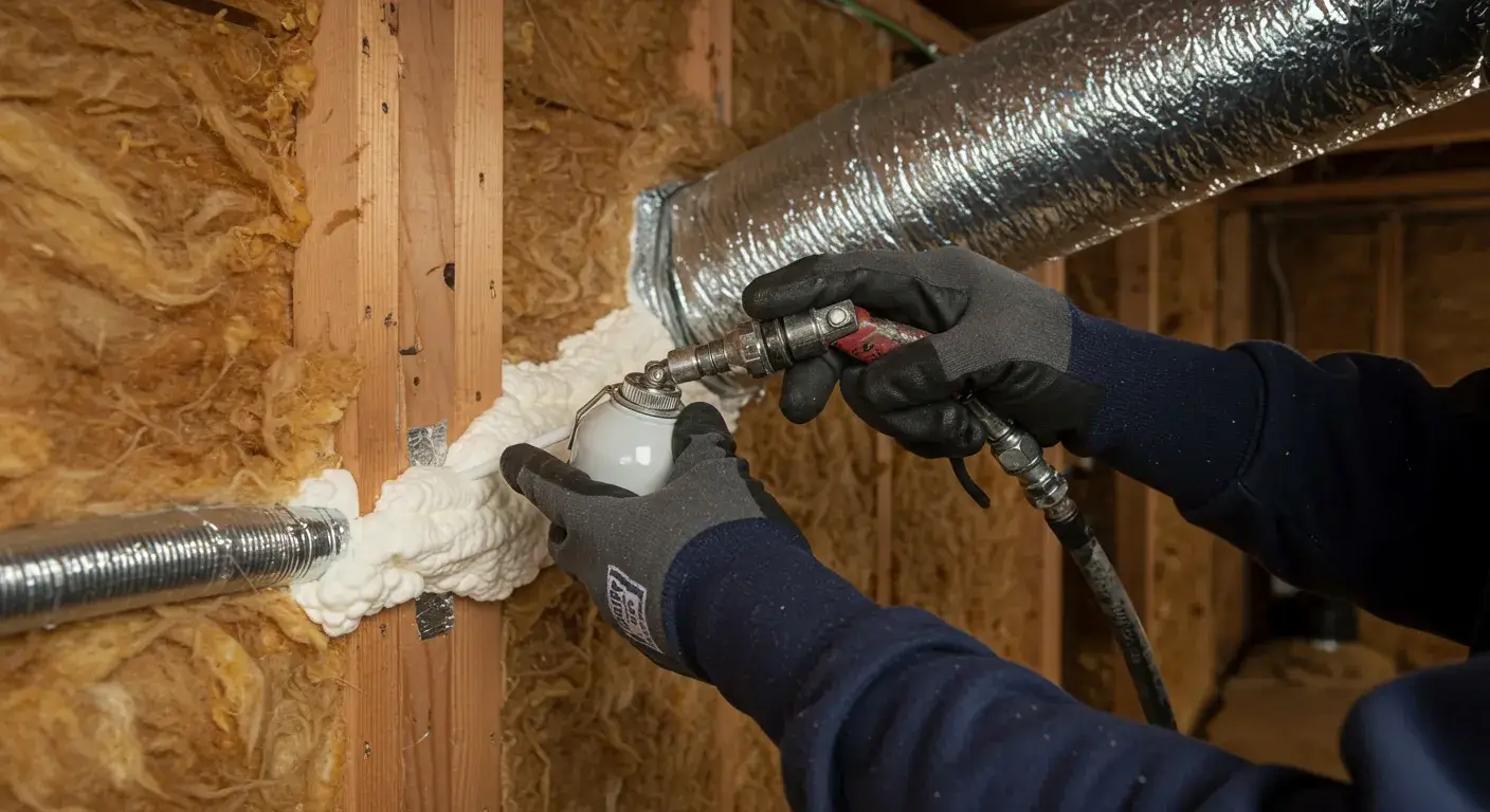 A contractor in grey gloves uses a spray foam gun to apply sealant around a silver pipe. The white foam expands rapidly to create a seal against the yellow insulation in the wall.