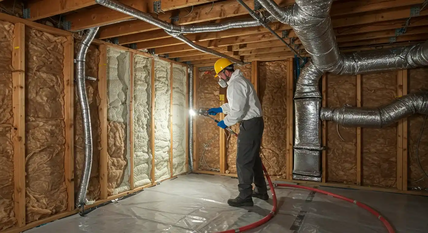 A professional in a white hazmat suit and hard hat sprays a thick layer of white spray foam onto the insulated walls of a crawl space, sealing it for moisture and temperature control. A red hose trails from the equipment.