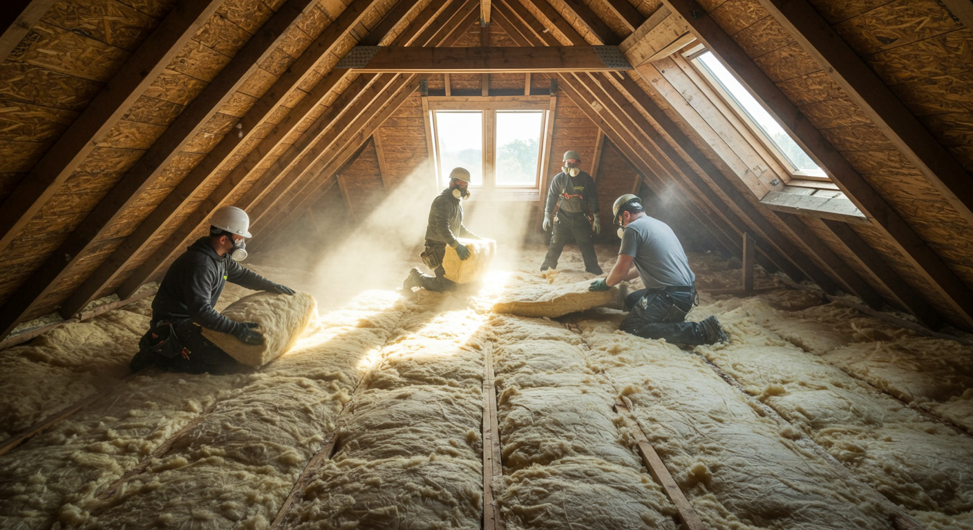Construction workers installing attic insulation.