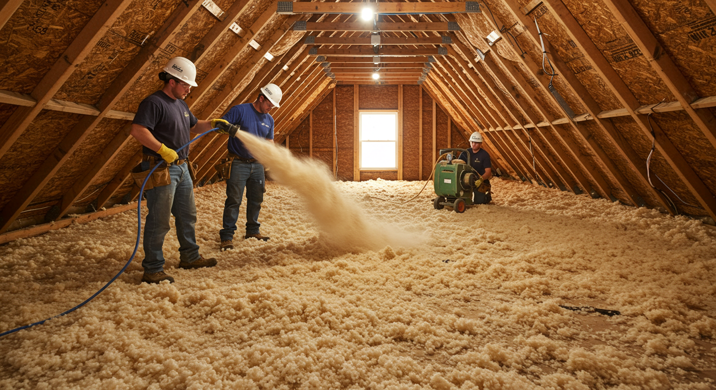 Workers installing blown-in insulation in an attic.
