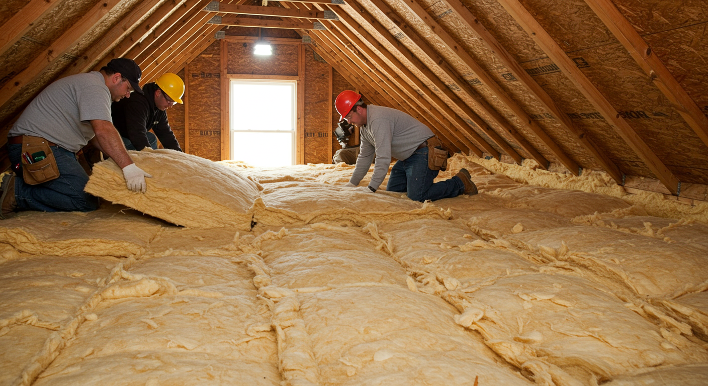 Three people installing attic insulation.