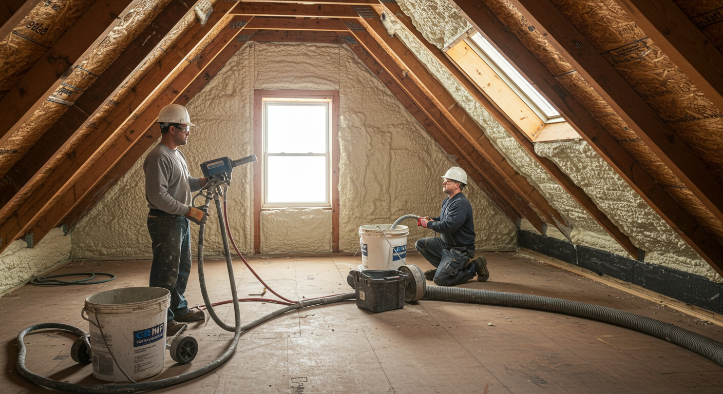 Two workers spraying foam insulation in an attic.
