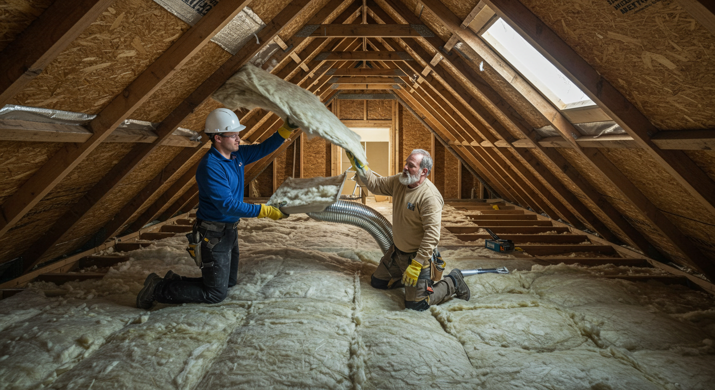 Two men installing insulation in an attic.