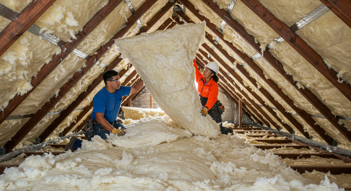 Two workers installing insulation in an attic.