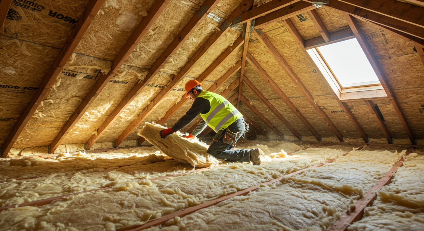 A man installing attic insulation.