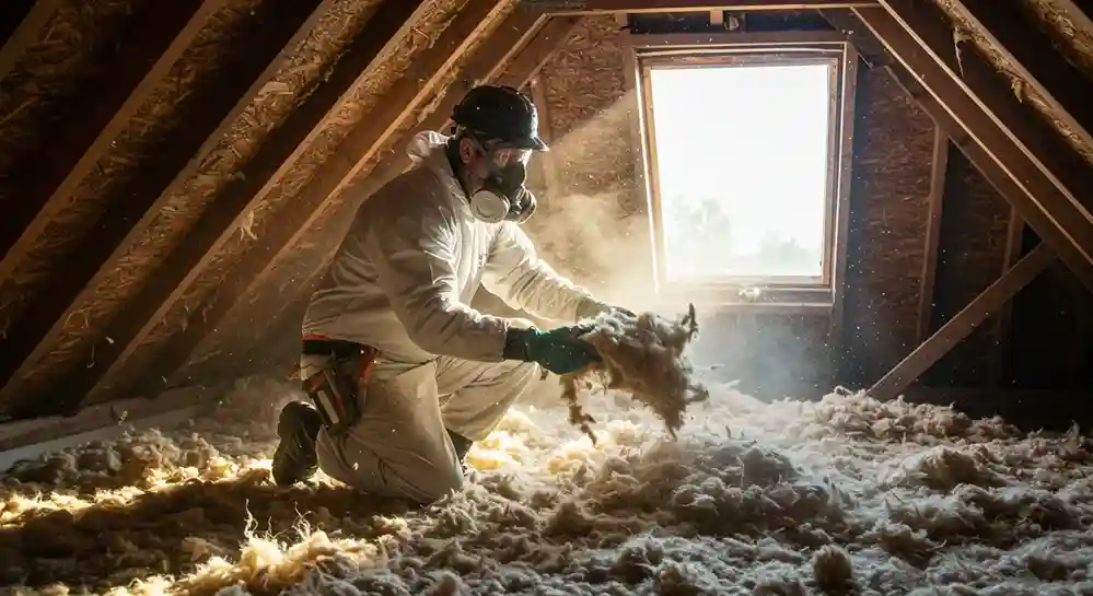 A contractor in a protective suit, hard hat, and respirator kneels in a dusty attic, picking up a handful of old, dirty insulation. Sunbeams from a window illuminate the dust in the air.