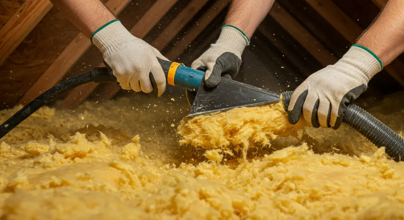 A close-up of two people wearing white gloves, working together to use a vacuum hose attachment to remove old, yellow insulation from an attic.